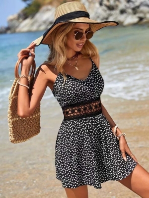 дамска рокля с точки и дантелен детайл на талията J62221