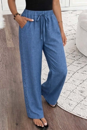 дамски панталон висока талия и страничен кант J12023 син