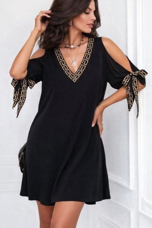 дамска рокл с панделки на ръкавите и детайл J12038