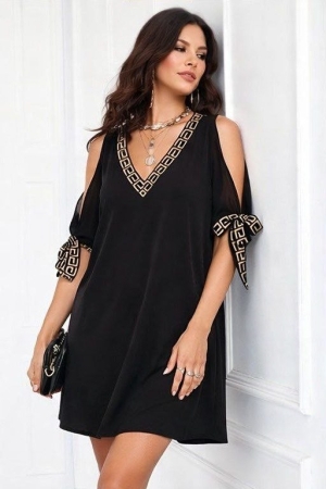 дамска рокл с панделки на ръкавите и детайл J12038