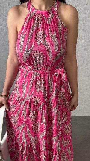 дамска рокля с открити рамене и шарка  J98031 циклама 