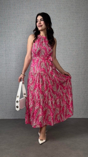 дамска рокля с открити рамене и шарка  J98031 циклама 