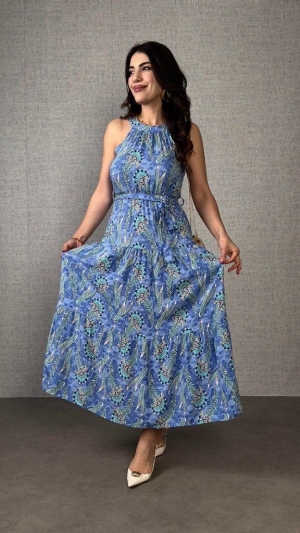 дамска рокля с открити рамене и шарка  J98031 син