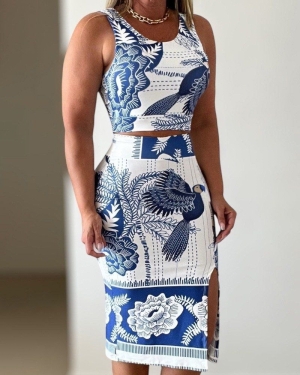 дамски компект две части флорален принт и пола с цепка  J46106