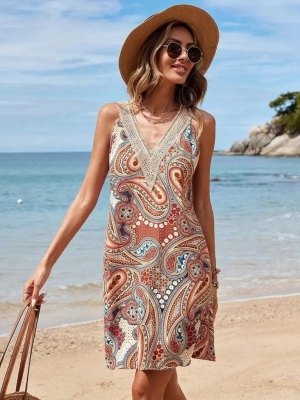 дамска рокля с дантелен детайл и принт  J61564