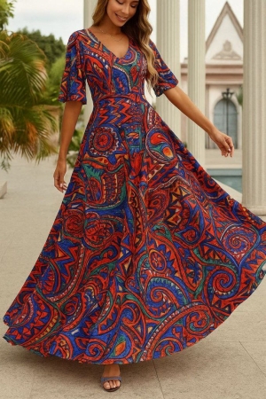 дамска рокля с V деклоте и флорален принт   J44038 оранжев