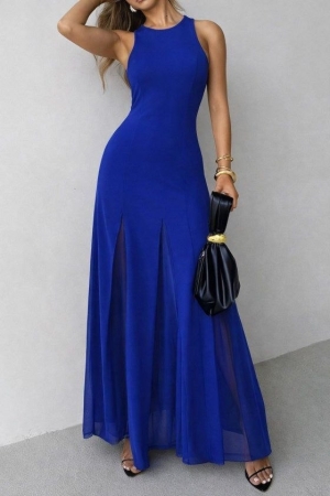 дамска рокля дълга разкроена с тюл J62083 син