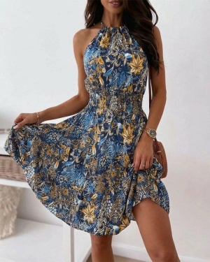 дамска рокля къса с открити рамене и еластична талия J62397 тъмно син