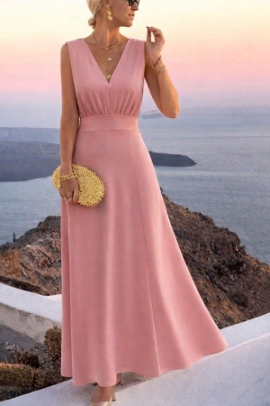 дамска рокля с V деклоте  къс ръкав  дълга  J10029 розов
