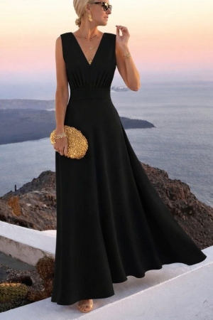 дамска рокля с V деклоте  къс ръкав  дълга  J10029 черен