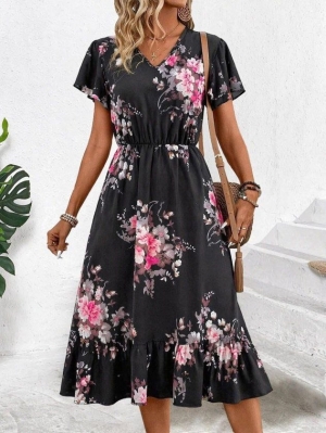  Дамска рокля с къс ръкав, V-образно деколте и шарки J97128 черен