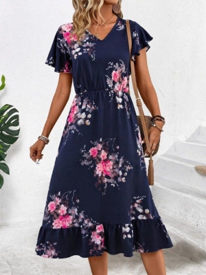  Дамска рокля с къс ръкав, V-образно деколте и шарки J97128 син