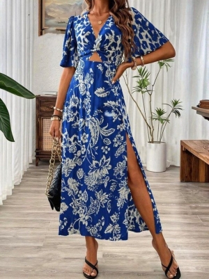  Дамска дълга рокля с къс ръкав, V-образно деколте, еластична талия и цепка, с леопардов принт J55272 син