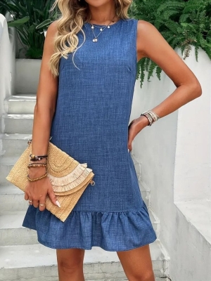 Рокля София без ръкави с кръгло деколте и волани  J98003 син