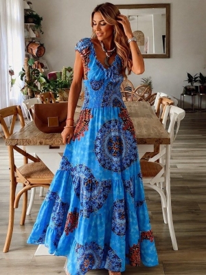 👗Дълга рокля с къс ръкав, с латична талия и шарки от  J55198 син