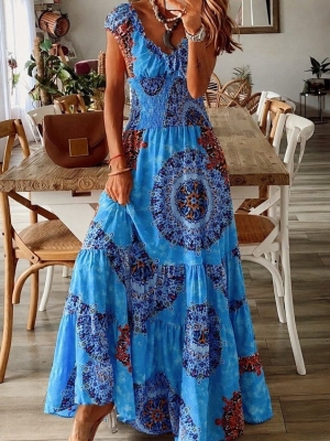 👗Дълга рокля с къс ръкав, с латична талия и шарки от  J55198 син