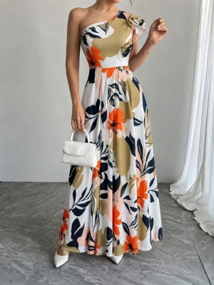 👗Дълга рокля с шарки и цепка на едното рамо.  J62291