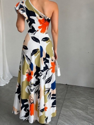 👗Дълга рокля с шарки и цепка на едното рамо.  J62291