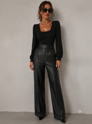 pantaloni de damă din piele ecologică cu talie înaltă J46132