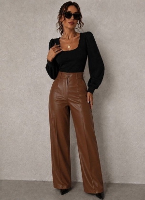pantaloni de damă din piele ecologică cu talie înaltă J46132