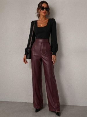 pantaloni de damă din piele ecologică cu talie înaltă J46132