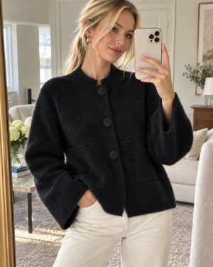 Cardigan de damă cu culori mixte și nasturi J63094 alb/roz