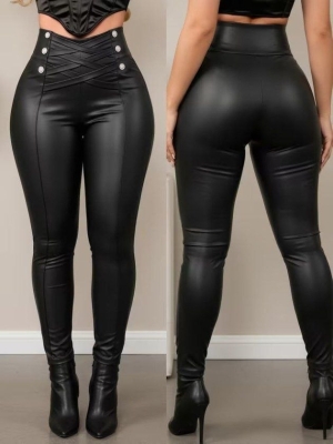 pantaloni de damă din piele ecologică cu talie înaltă J46132