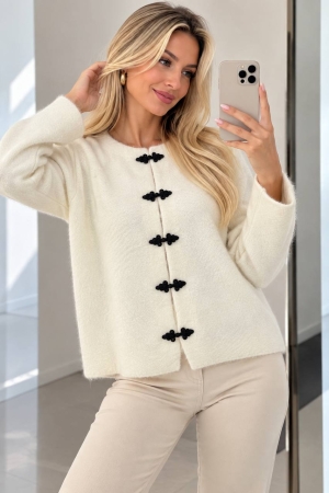 Cardigan de damă cu culori mixte și nasturi J63094 alb/roz