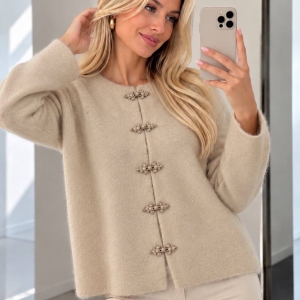 Cardigan de damă cu culori mixte și nasturi J63094 alb/roz