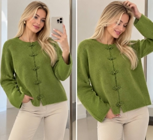 Cardigan de damă cu culori mixte și nasturi J63094 alb/roz
