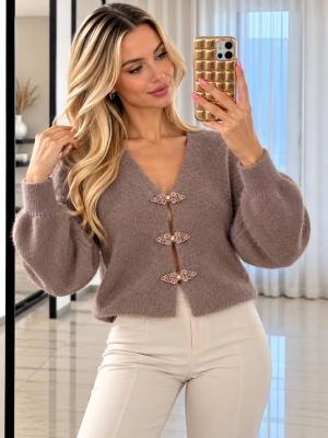 Cardigan de damă cu culori mixte și nasturi J63094 alb/roz