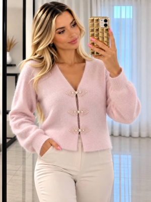 Cardigan de damă cu culori mixte și nasturi J63094 alb/roz