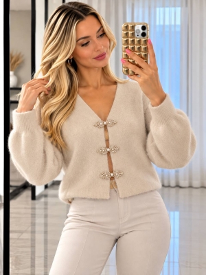 Cardigan de damă cu culori mixte și nasturi J63094 alb/roz