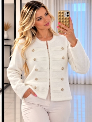 Cardigan de damă cu culori mixte și nasturi J63094 alb/roz