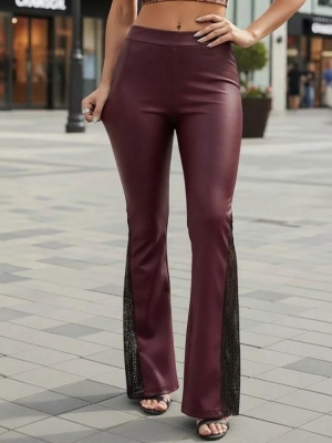 👗 Кожени панталони с висока талия и дантелени детайли на подгъва. J72353 бордо