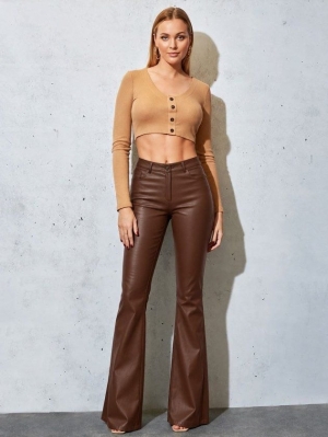  👗Кожени разкроени панталони с висока талия и джобове. J46256 бежов